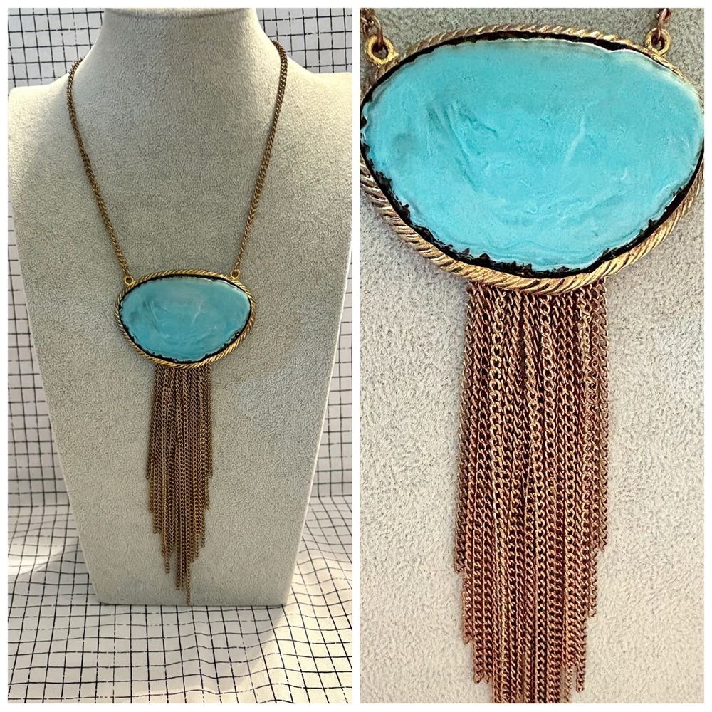 Gold + Turquoise Toned Chain Dangle Statement Necklace